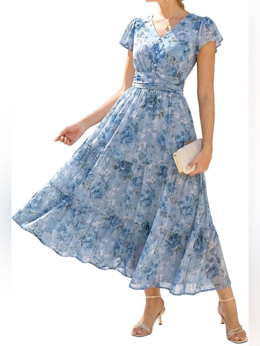 Grace Karin Floral Maxi Dress Medium Gray Blue Flutter Sleeve V-Neck Tiered NWT